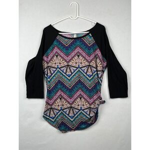 B&B Boutique Geometric Raglan Top Womens XL 3/4 Sleeve Side Knot Blouse Black